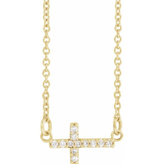 14K Yellow Gold .05 CTW Natural Diamond Sideways Cross 16-18" Necklace