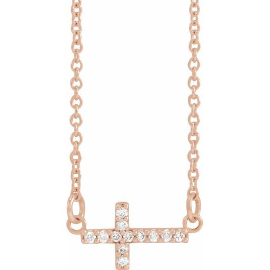 14K Rose Gold .05 CTW Natural Diamond Sideways Cross 16-18" Necklace