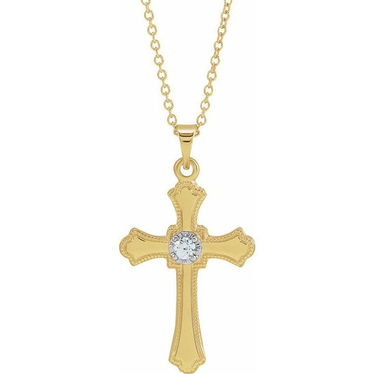 14K Yellow Gold .03 CT Natural Diamond Cross 18" Necklace
