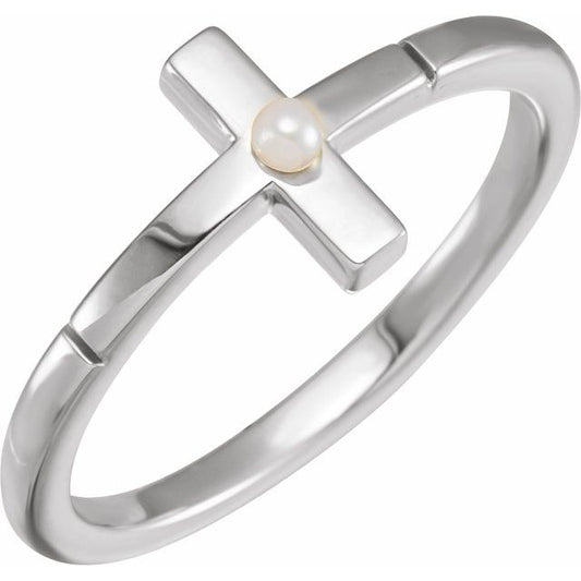 Platinum Cultured White Akoya Pearl Sideways Cross Ring
