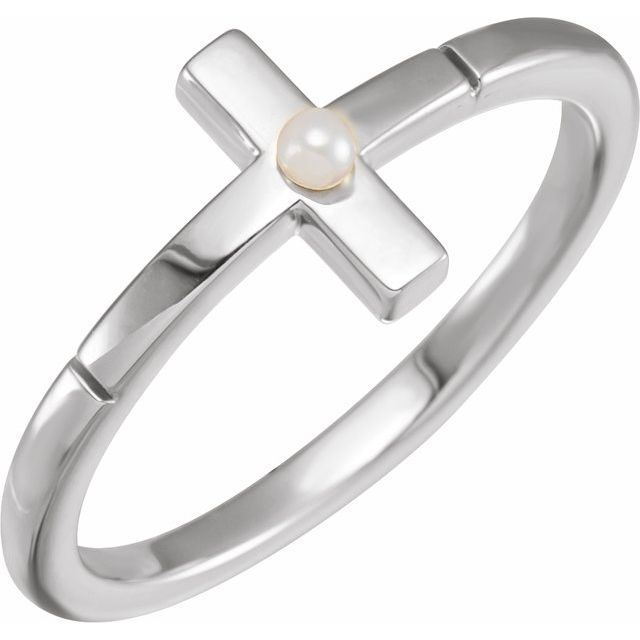 14K White Gold Cultured White Akoya Pearl Sideways Cross Ring