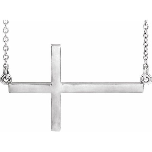 14K White Gold 28x16.2 mm Sideways Cross 16-18" Necklace