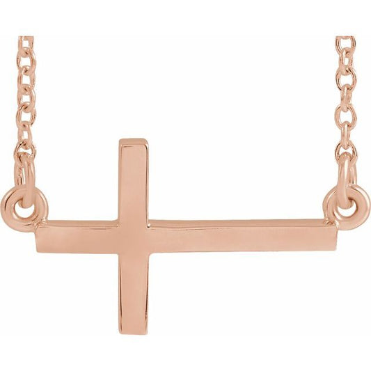 14K Rose Gold 17x9 mm Sideways Cross 16-18" Necklace