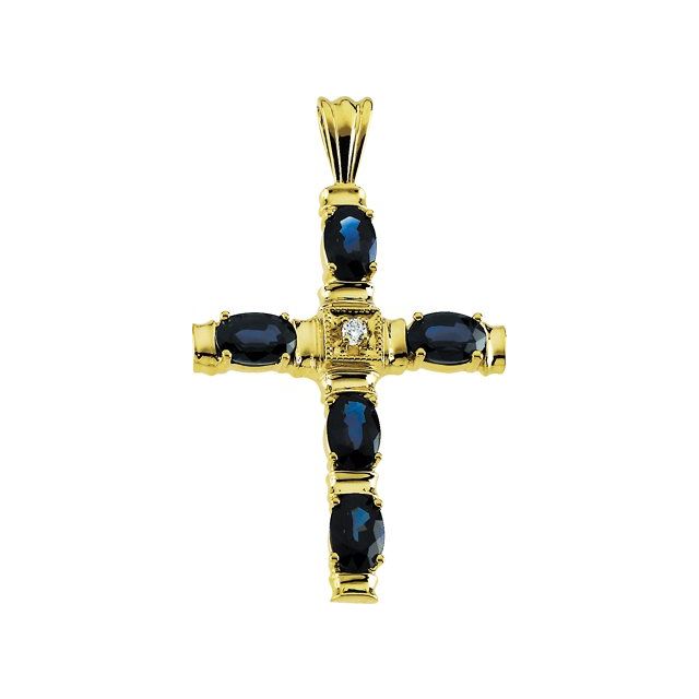 14K Yellow Gold Natural Blue Sapphire & .03 CTW Natural Diamond Cross Pendant