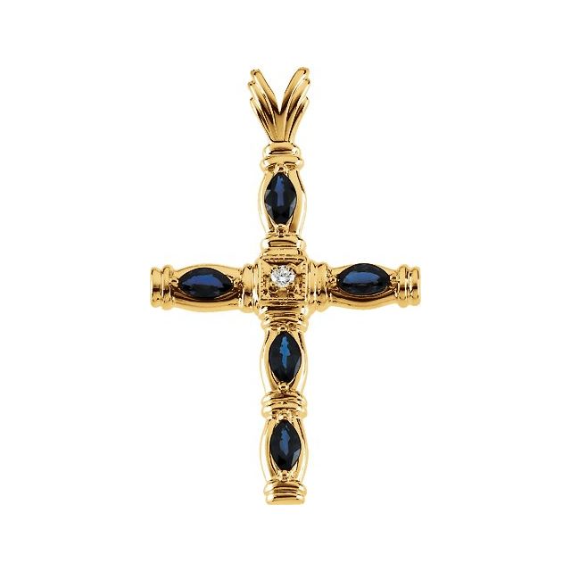 14K Yellow Gold Natural Sapphire & .03 CT Natural Diamond Cross Pendant