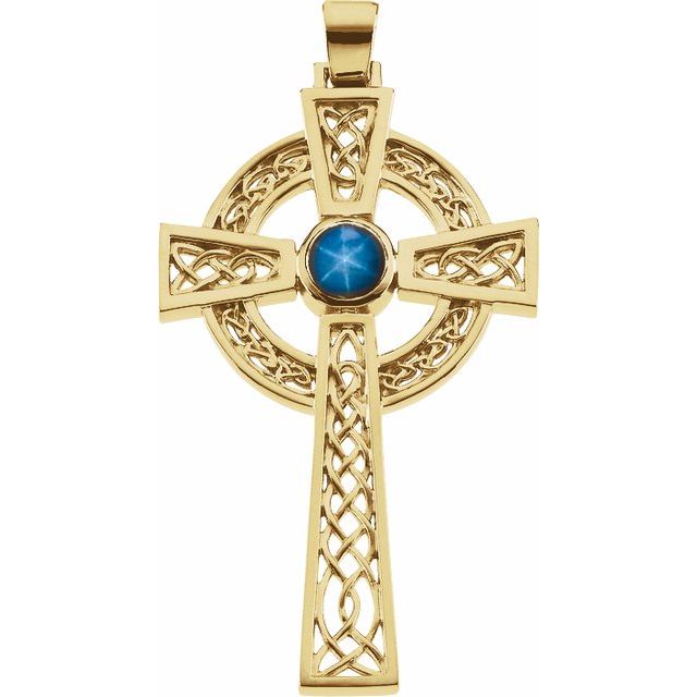 14K Yellow Gold Natural Blue Star Sapphire Celtic-Inspired Cross Pendant