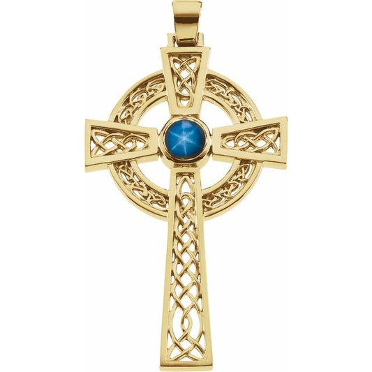 14K Yellow Gold Natural Blue Star Sapphire Celtic-Inspired Cross Pendant