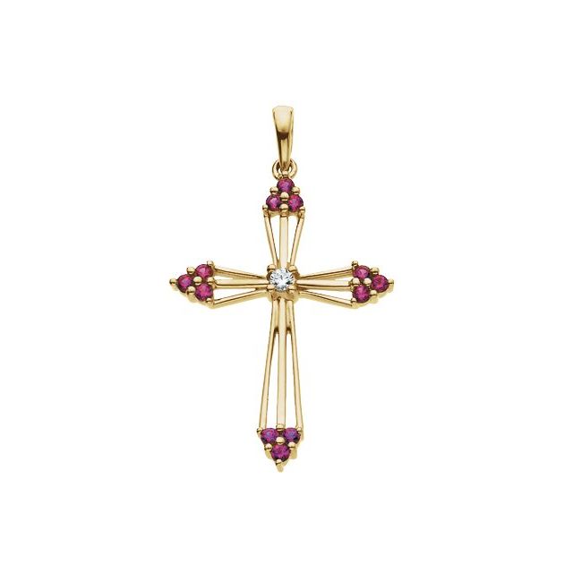 14K Yellow Gold Natural Ruby & .04 CTW Natural Diamond Cross Pendant