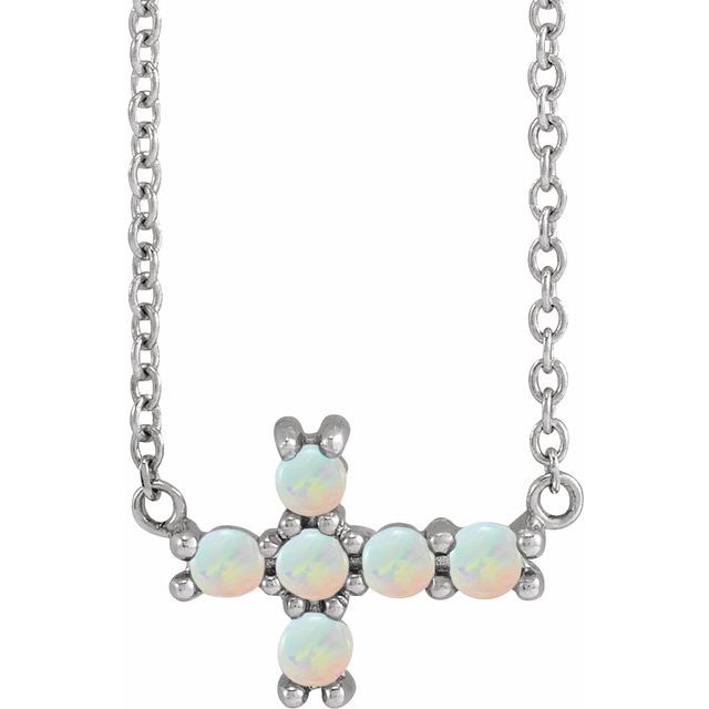14K White Gold Natural White Opal Sideways Cross 18" Necklace