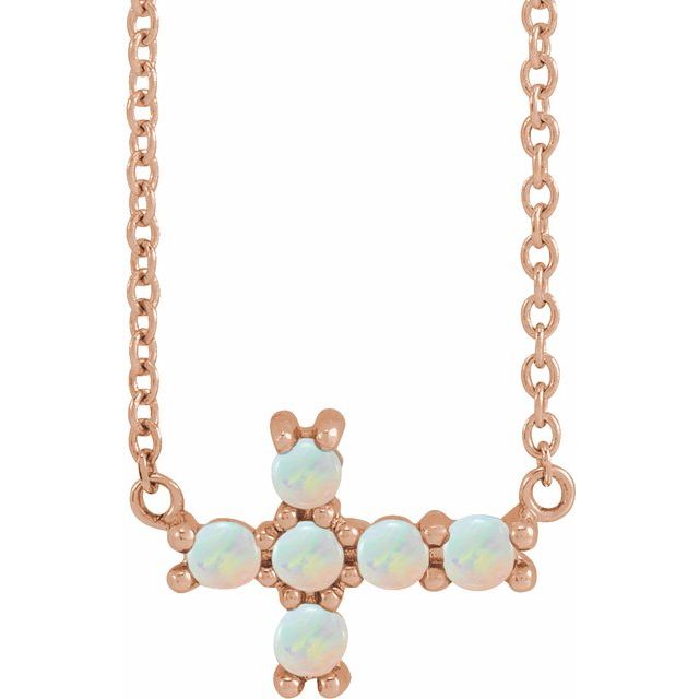 14K Rose Gold Natural White Opal Sideways Cross 18" Necklace