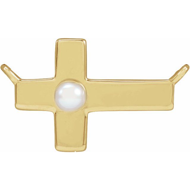 14K Yellow Gold Cultured White Seed Pearl Sideways Cross Necklace Center