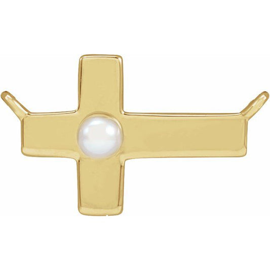 14K Yellow Gold Cultured White Seed Pearl Sideways Cross Necklace Center