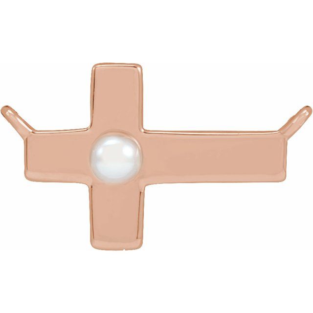 14K Rose Gold Cultured White Seed Pearl Sideways Cross Necklace Center