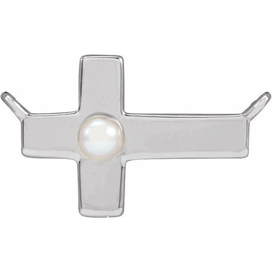 Platinum Cultured White Seed Pearl Sideways Cross Necklace Center