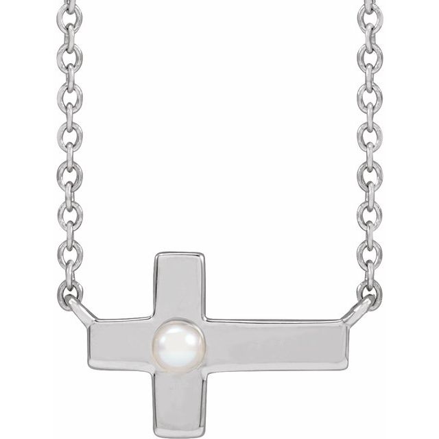 14K White Gold Cultured White Seed Pearl Sideways Cross 16-18" Necklace
