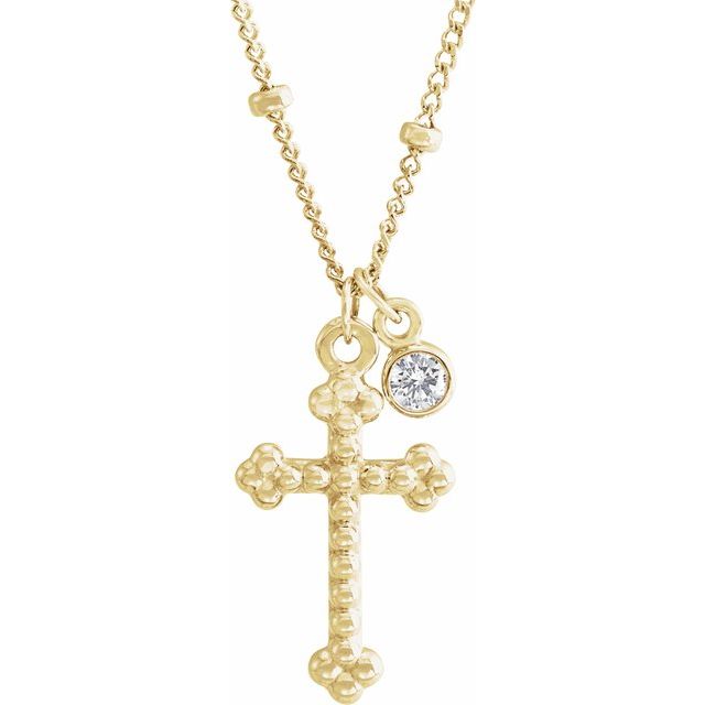 14K Yellow Gold .06 CT Natural Diamond Beaded Cross 20" Necklace