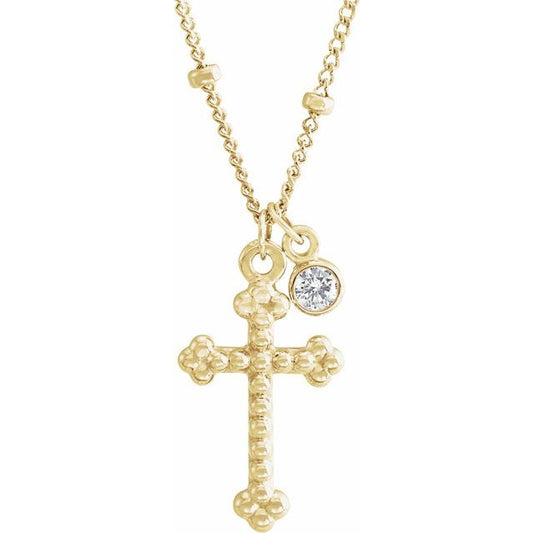 14K Yellow Gold .06 CT Natural Diamond Beaded Cross 20" Necklace