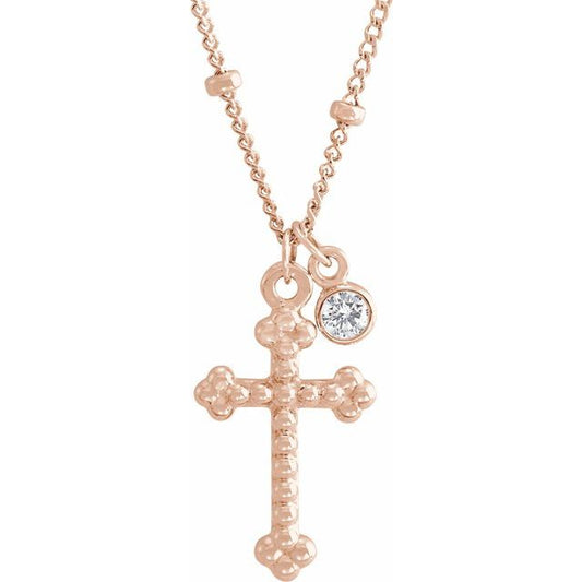 14K Rose Gold .06 CT Natural Diamond Beaded Cross 20" Necklace