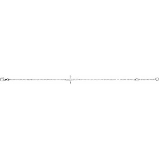 Sterling Silver Imitation Cubic Zirconia Sideways Cross 7-8" Bracelet