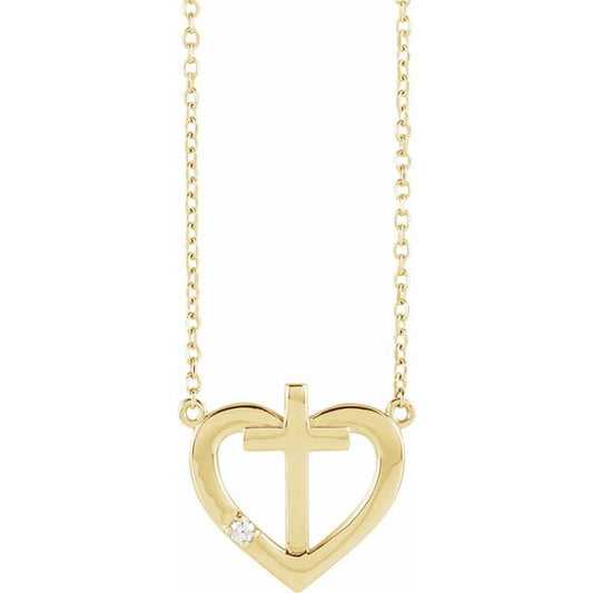 14K Yellow Gold .015 CT Natural Diamond Heart & Cross 18" Necklace
