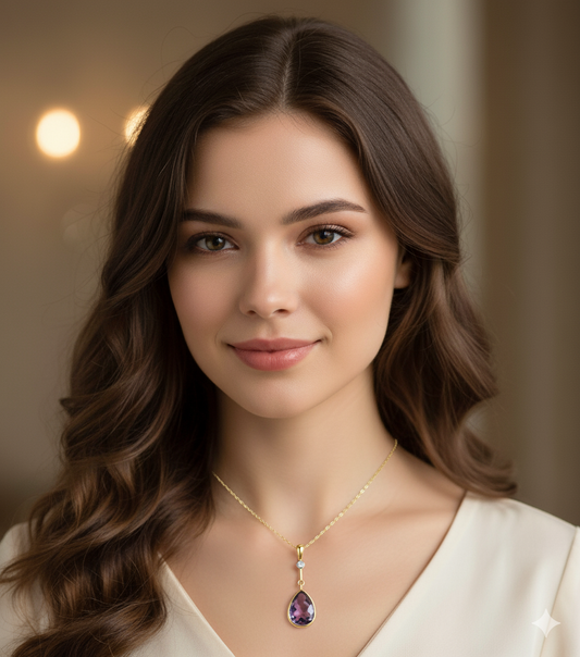 Exquisite Amethyst & Diamond Teardrop Pendant in 14K Yellow Gold