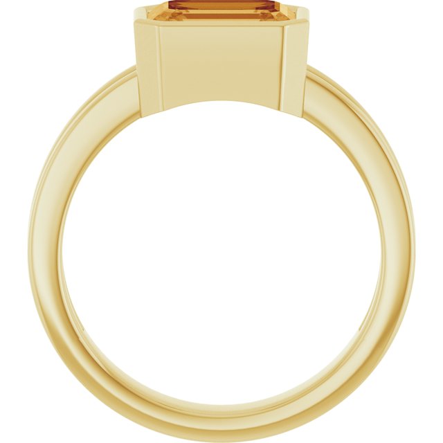 Men's 14K yellow gold natural citrine ring, emerald cut, top view