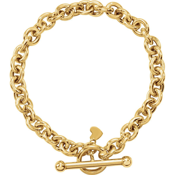 14K Yellow Gold 6 mm Rolo Toggle 7" Bracelet with Small Heart Dangle - Pranic Lifestyle